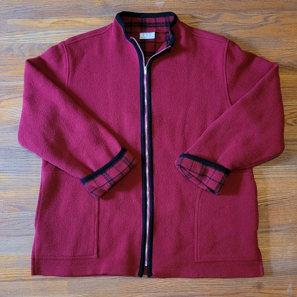 Cricket Lane Collection Wool Blend Red Zip Jacket Coat Plaid Lining Womens Large